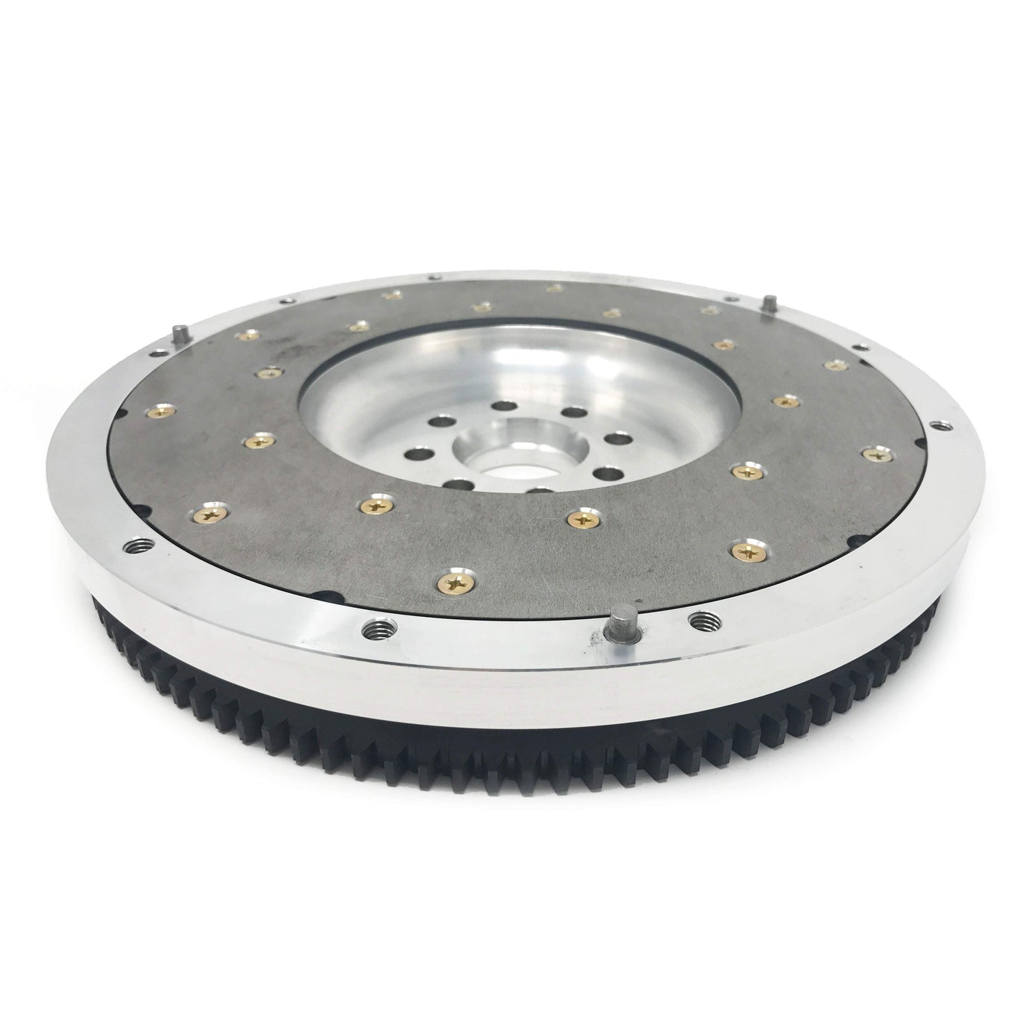 Aluminum and steel flywheel for jz engine to 350z transmission utilizing an a340 bellhousing in single disc applications with 3 dowel pins