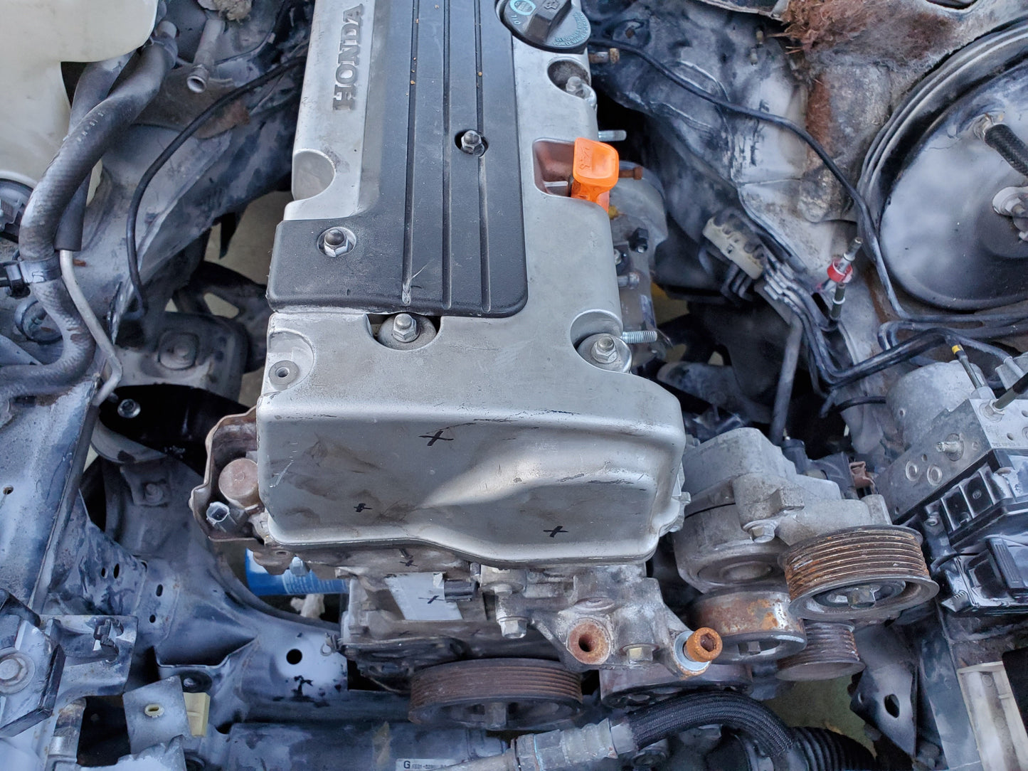 Steel powder coated engine mounts for the Honda K-Series to Mazda RX-8 installed in engine bay