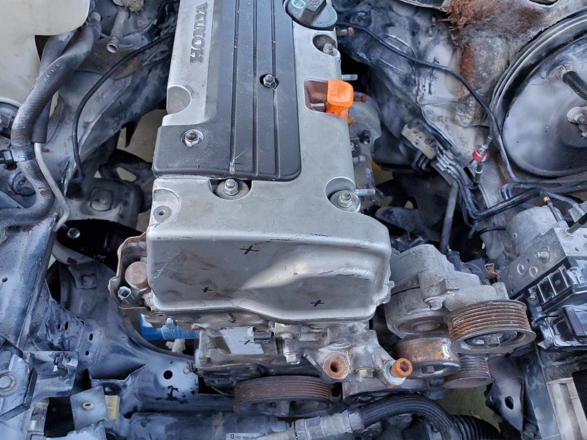 Steel powder coated engine mounts for the Honda K-Series to Mazda RX-8 installed in engine bay