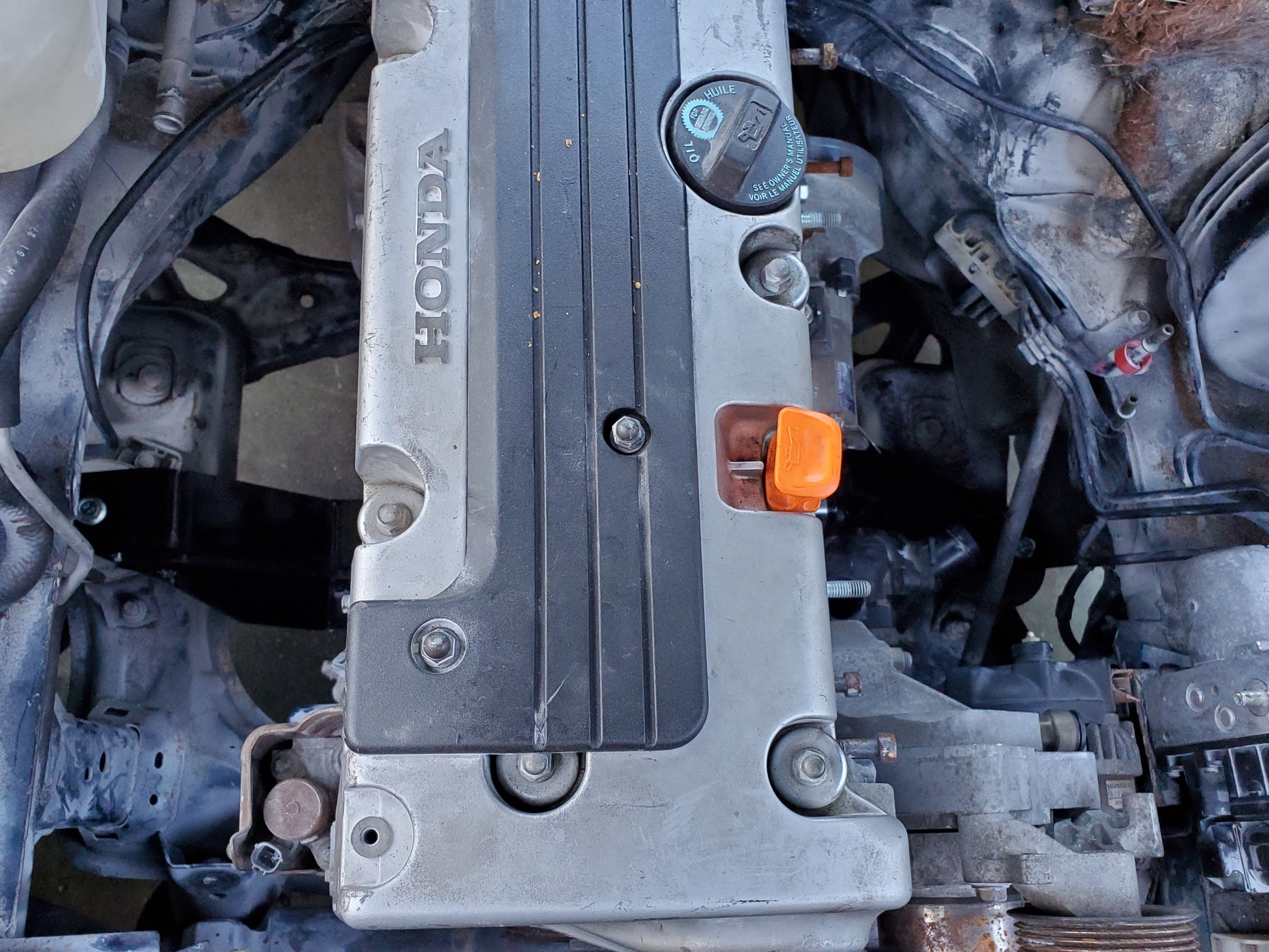 Steel powder coated engine mounts for the Honda K-Series to Mazda RX-8 installed in engine bay