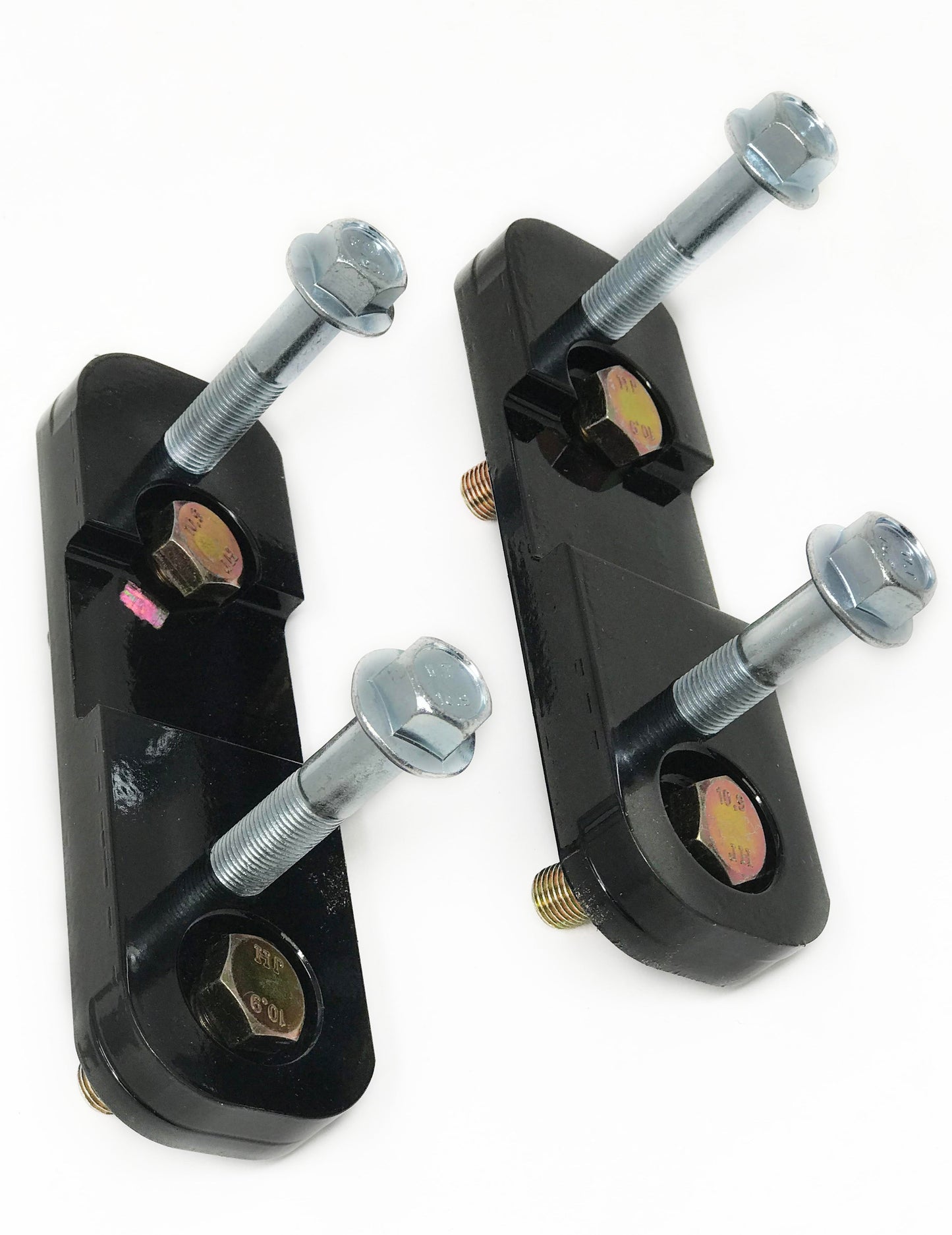 Powder coated steel spacers for relocating the rack in a k series to rx-8 application with hardware