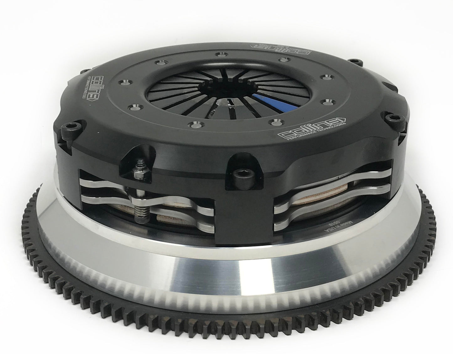 This is an aluminum and steel clutch and flywheel system for stage 6 a340 twin disc applications only measuring about 13 inches wide