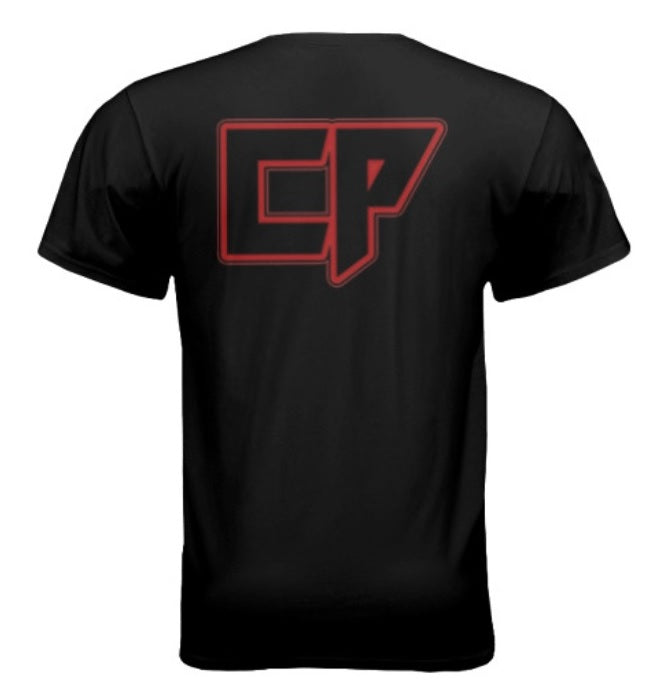 Collins T-Shirt in black with logo on the front and back, cotton ringspun in various sizes