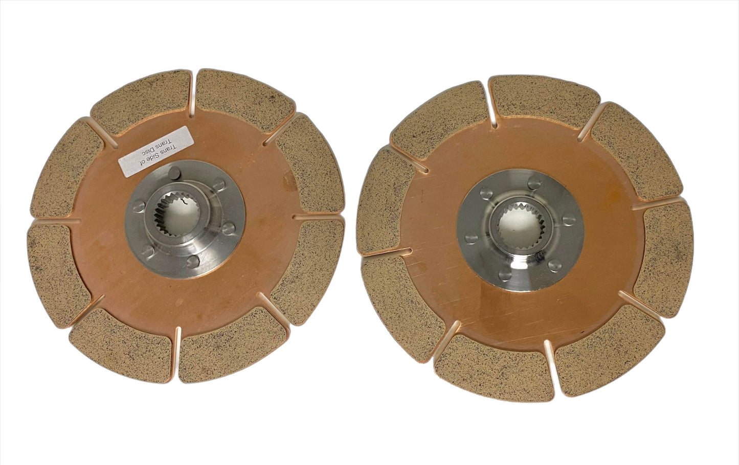 Cerametallic Nissan splined solid hub Clutch replacement discs that are keyed specifically for each side flywheel side and transmission side for the JZ engine to 350Z transmission stage 5 clutch system