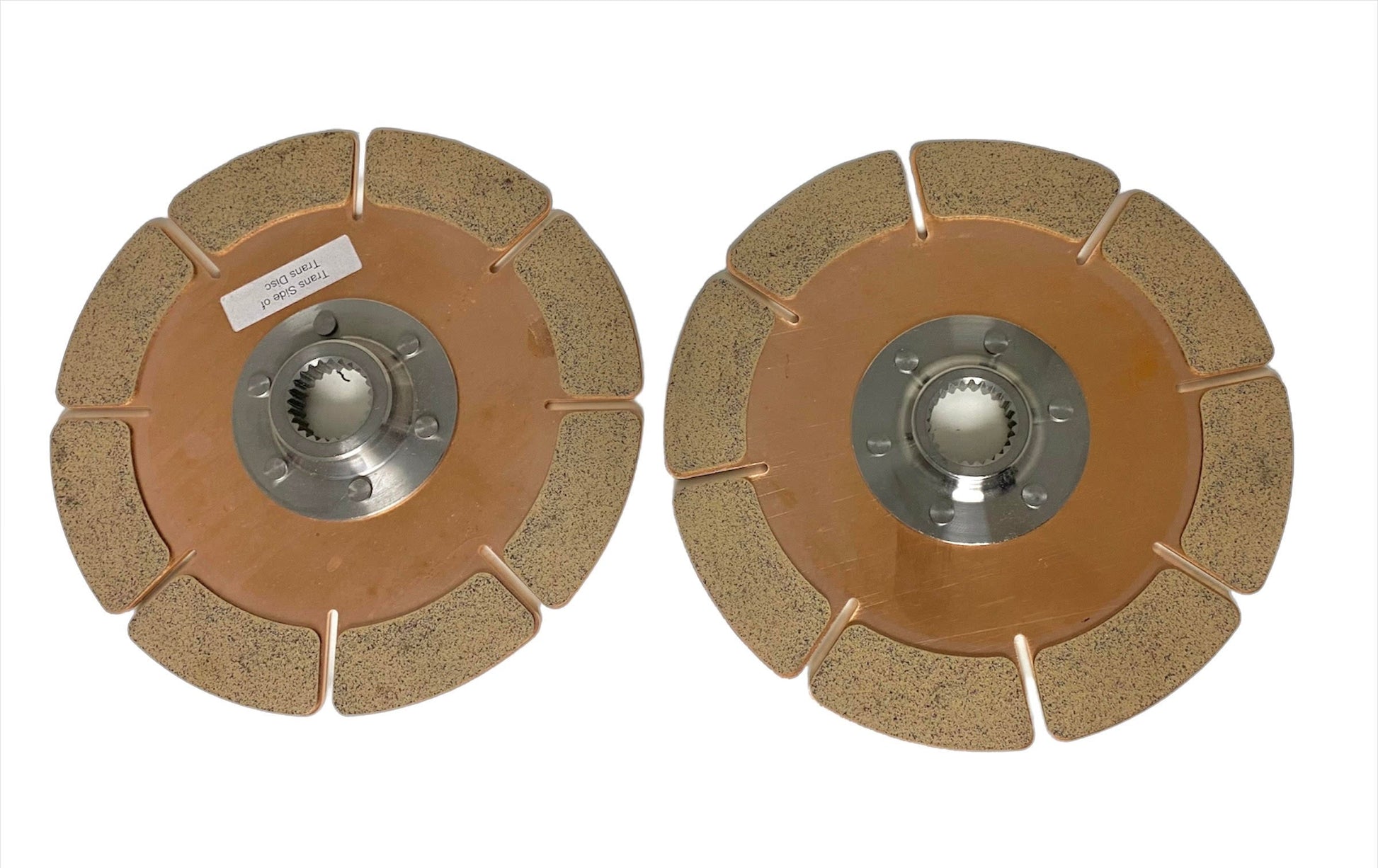 Cerametallic Nissan splined solid hub Clutch replacement discs that are keyed specifically for each side flywheel side and transmission side for the JZ engine to 350Z transmission stage 5 clutch system